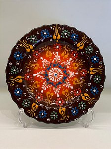 Prato de Parede Pequeno - Decorativo - Turquia - Cerâmica - Alto Relevo - Marrom