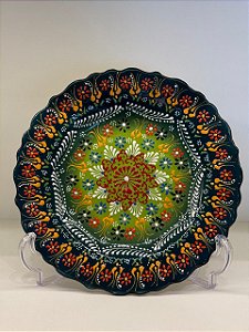 Prato de Parede Medio - Turquia - Decorativo - Cerâmica - Pintado à mão - Verde Escuro