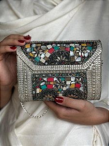 Bolsa Clutch em Metal - Colorido e Prata - Com Alça