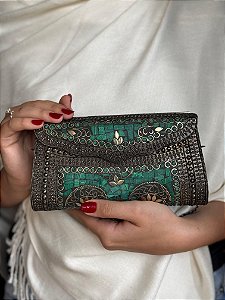 Bolsa Clutch em Metal - Verde e Grafite - Com Alça