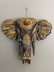 Cabeça De Elefante - Madeira - Marrom e Dourado