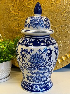 Potiche Cerâmica Azul e Branco 47CM