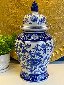 Potiche Cerâmica Azul e Branco 47CM