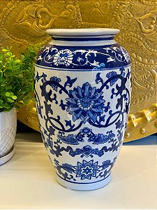 Vaso Cerâmica Azul e Branco 30CM