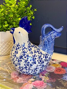 Galo Decorativo -  Porcelana - Azul e Branco