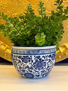 Cachepot em Ceramica - Azul e Branco - 16,5CM