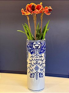 Cachepot Vaso em Cerâmica - Azul e Branco - 40CM