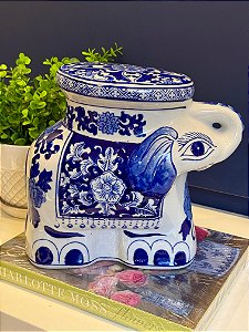 Elefante Decorativo - Cerâmica - Azul e Branco