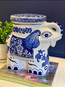 Elefante Decorativo - Cerâmica - Azul e Branco - G