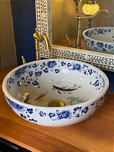 Cuba Sobrepor - Branco e Azul - Flores e Peixes
