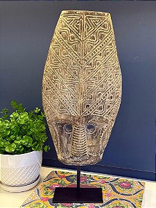 Escultura Mascara Decorativa - Madeira - Com Base