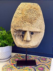 Escultura Mascara Decorativa - Madeira - Com Base