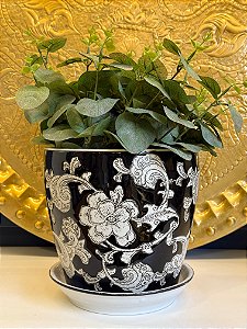 Cachepot em Ceramica - Preto e Branco - 20,5CM
