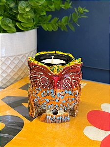 Coruja - Porta Vela - Madeira - Pintado à mão - 8cm