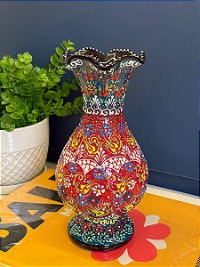Vaso - Cerâmica - Pintado à mão - Turquia - Verde e Vermelho - 24CM