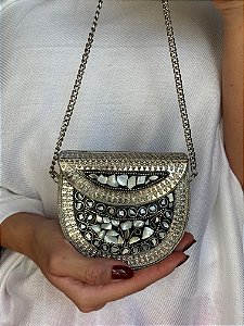 Mini Bolsa Clutch em Metal - Madrepérola e Prata - Com Alça