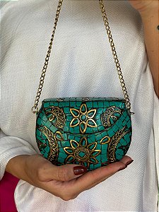Mini Bolsa Clutch em Metal - Verde e Dourado - Com Alça