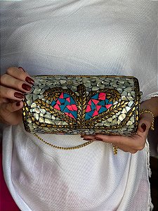 Bolsa Clutch em Metal - Madrepérola e Dourada - Com Alça