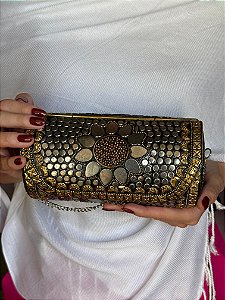 Bolsa Clutch em Metal - Prata e Dourada - Com Alça