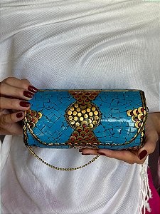 Bolsa Clutch em Metal - Azul e Dourada - Com Alça