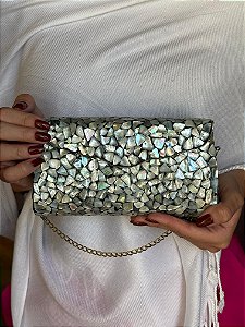 Bolsa Clutch em Metal - Madrepérola - Com Alça