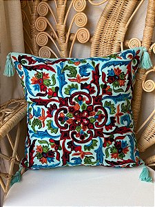 Capa de Almofada Bordada Tassel 45x45 Turquesa