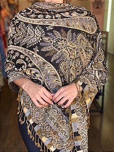 Pashmina de Viscose - Estampada - Dupla Face -  Preto, Bege e Amarelo
