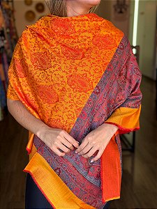 Pashmina de Viscose - Estampada - Laranja, Amarelo e Azul