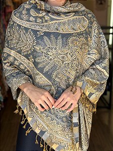 Pashmina de Viscose - Estampada - Dupla Face - Cinza e Bege