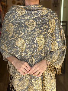 Pashmina de Viscose - Estampada - Dupla Face - Cinza e Amarelo