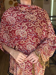 Pashmina de Viscose - Estampada - Dupla Face - Vermelho e Bege