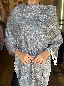 Pashmina de Viscose - Estampada - Cinza e Branco