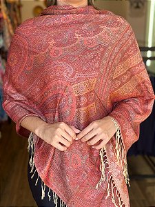 Pashmina de Viscose - Estampada - Rosa, Roxo e Laranja
