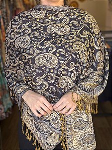Pashmina de Viscose - Estampada - Dupla Face - Preto, Amarelo e Bege