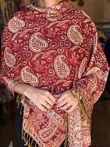 Pashmina de Viscose - Estampada - Dupla Face - Vermelha e Bege