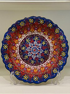 Prato de Parede - Decorativo - Turquia - Cerâmica - Alto Relevo - Azul e Vermelho - Grande