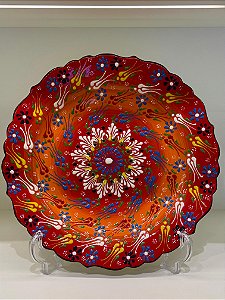 Prato de Parede - Decorativo - Turquia - Cerâmica - Alto Relevo - Vermelho e Laranja - Grande