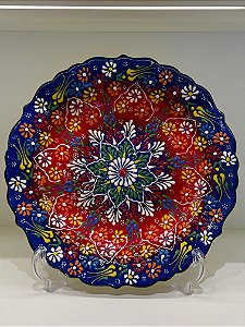Prato de Parede - Decorativo - Turquia - Cerâmica - Alto Relevo - Azul e Vermelho - Grande