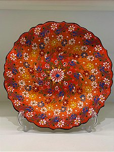 Prato de Parede - Decorativo - Turquia - Cerâmica - Alto Relevo - Laranja - Grande