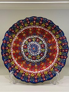 Prato de Parede - Decorativo - Turquia - Cerâmica - Alto Relevo - Azul e Vermelho - Grande