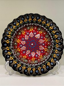 Prato de Parede - Turquia - Decorativo - Cerâmica - Relevo - Preto e Vermelho - Médio