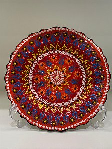 Prato de Parede - Turquia - Decorativo - Cerâmica - Relevo - Laranja e Vermelho - Médio