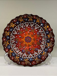 Prato de Parede - Turquia - Decorativo - Cerâmica - Relevo - Marrom e Laranja  - Médio