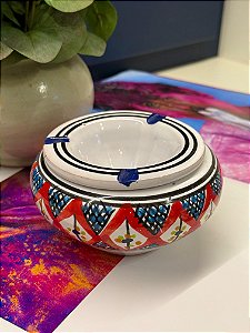 Cinzeiro Marroquino - Pintado á mão - Vermelho e Azul - 13CM