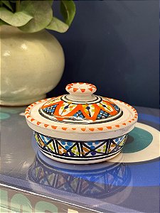 Tagine Saleiro Marroquino - Cerâmica - Pitando à mão - Laranja e Colorido
