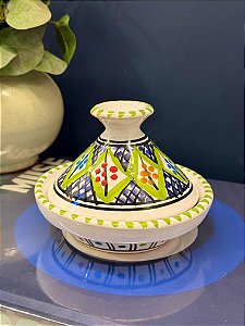 Tagine Saleiro Marroquino - Cerâmica - Pitando à mão - Verde e Colorido