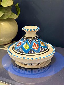 Tagine Saleiro Marroquino - Cerâmica - Pitando à mão - Azul Claro e Colorido