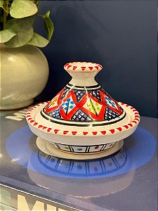 Tagine Saleiro Marroquino - Cerâmica - Pitando à mão - Vermelho e Colorido