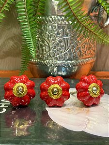 Puxador em Ceramica - Pintado - Vermelho Queimado - Acabamento Dourado