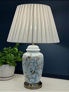 Abajur - Cerâmica - Pássaros e Flores - Azul Claro com Cúpula